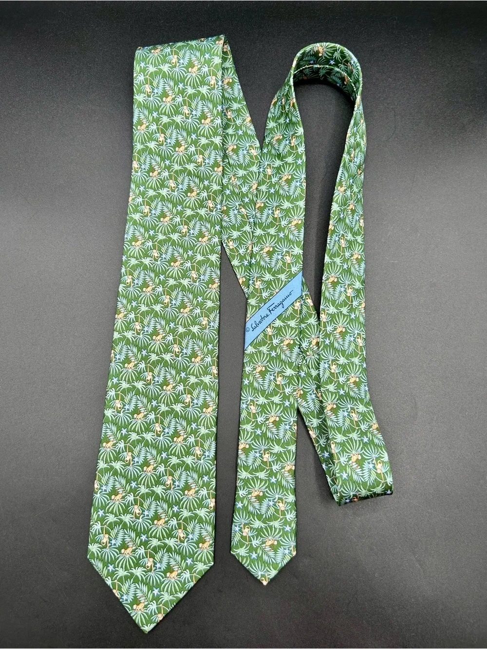 SALVATORE FERRAGAMO Silk Neck Tie - Tropical Jungle Leaf and Monkey motif.